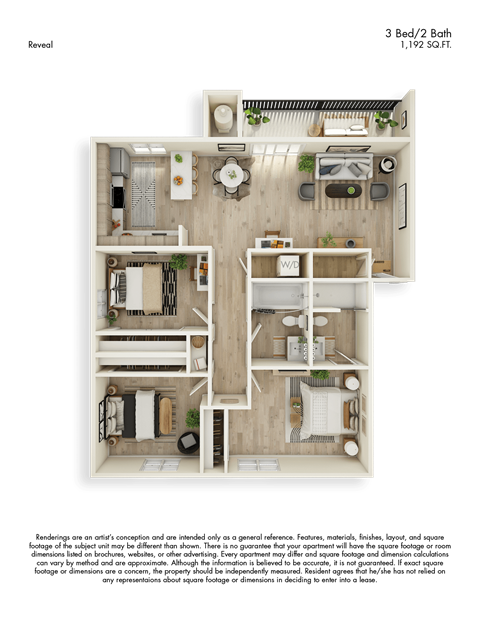 Floor plan for 3 beds, 2 baths, 1192 sqft